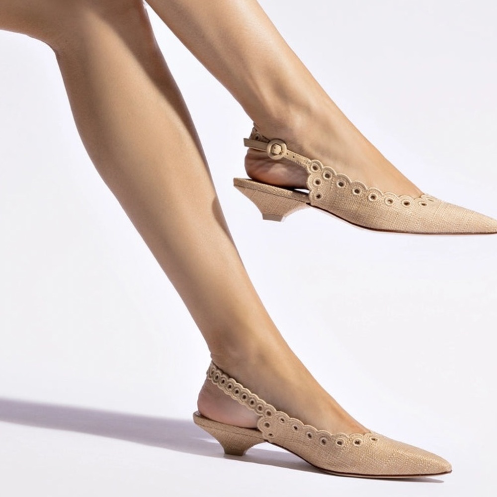 LARROUDE BEIGE RAFFIA BRODERIE SLINGBACK SCALLOP EMBROIDERED DETAILS SZ EU 38.5